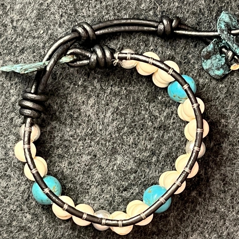 Turquoise Wave leather wrap bracelet. 6" - 7"